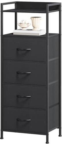 Somdot Kommode for Schlafzimmer, 4 Schubladen, offenes Regal, Schwarz | Schrank, Komodenschrank, Stoffschubladen, Wohnzimmer, Metallrahmen, Holzwerkstoffplatte, Zuggriffe, 29T x 38,7B x 92,3H