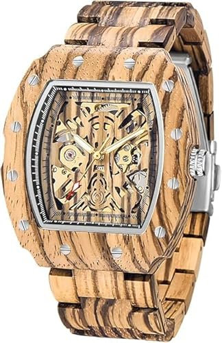 Tiong Quadratische Männer Holzuhr, Hohle automatische Uhr, Männer mechanische Holzuhr