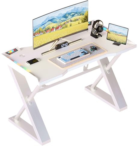 Xyphren 120 * 55 cm Gaming Desk with LED Lights, Gaming Table Thickened Z Shaped, Gamer Desk with Carbon Fiber Coated, Gaming PC Desk, Computer Desk Easy to Assemble, White, 120 cm with lights