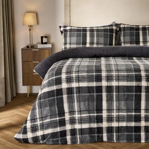 OHS Teddy Fleece Double Duvet Set, Super Soft Warm Thermal Teddy Bear Bedding Classic Tartan Check Fluffy Cosy Double Bedding Set with Pillowcases, Charcoal Grey