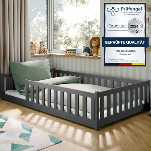 Kids Collective Kinderbett Bodenbett 120x200 cm mit Rausfallschutz & Lattenrost Montessori Bett Bed Gitterbett Kinder Jugendbett Einzelbett | Graphit