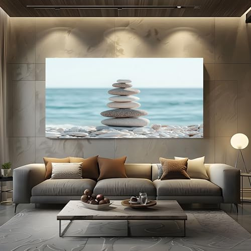 ZORYAN Tableau Decoration Murale pour Salon Zen Galets Impression sur Toile Moderne Nautique Océan Affiche Poster Minimaliste Pierre Chambre Adulte Sans Cadre 50x100 cm