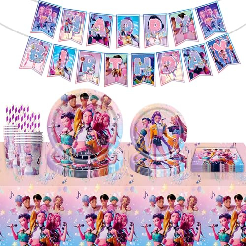62 Piezas Decoración Cumpleaños, Vajilla de Fiesta de Cumpleaños con Platos Vasos Servilletas Pajitas Mantel y Bandera, Party Vajilla Fiesta, Regalo para Fans del Anime Niños/Jóvenes (Rosa)