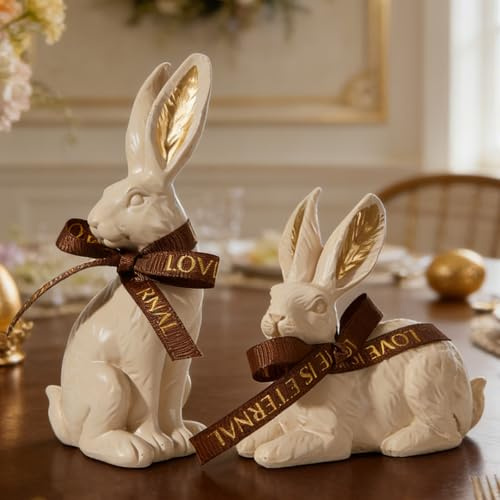 DN DECONATION Osterhasen-Figuren Set aus 2, Beige & Gold Harz Hasen-Statuen für Tisch & Fensterbank - Rustikale Frühlingsdeko und Osterdeko für Regal, Kamin und Couchtisch mit Fell-Textur