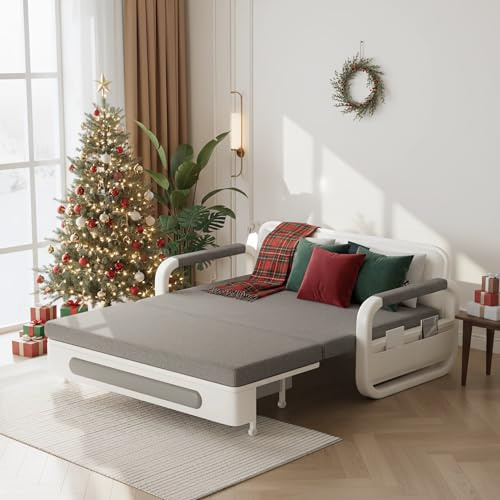 Cyclauricate 2-Seater Double Sofa Bed with Storage | Pull-Out Convertible Sleeper Bed Settee for Living Room & Bedroom | Grey Settee for Adults, 128cm Wide