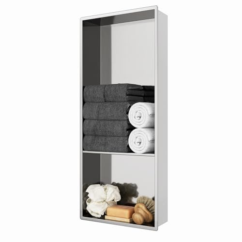 KEOKBON 25 x 60 cm in acciaio inox 304 doppio inserto per doccia a parete, senza piastrelle, con una partizione (25 x 40,25 x 20 cm) per ambienti umidi, spazzolato