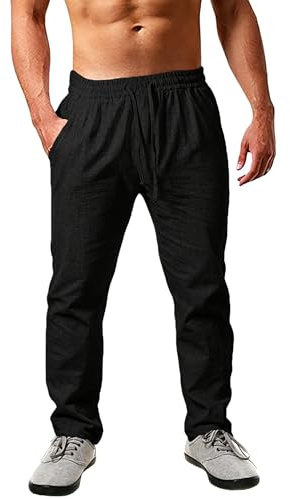 Cegerne Pantalones de Lino Hombre Verano Largos Ligeros y Transpirables, Corte Holgado, Cintura Elástica con Cordón Ajustable – Ideales para Vacaciones, Playa y Uso Diario