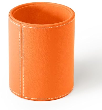 Osco Faux Leather Pen Pot, Desk Pencil Holder with Wipe-Clean Finish, Compact Round Desk Organizer for Pens, Pencils & Brushes, 10.5cm H x 8.7cm Dia, Orange