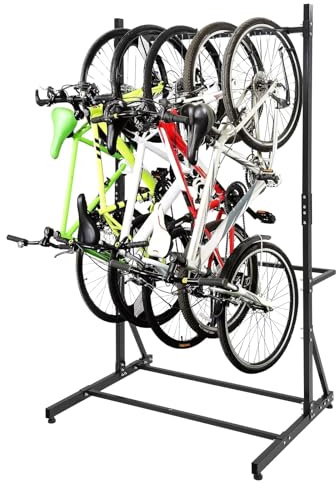 Garvee Rangement vertical robuste pour 5 vélos – Support vélo autoportant en acier – Capacité 136 kg, crochets antidérapants, hauteur réglable – Facile à assembler pour garage, appartement