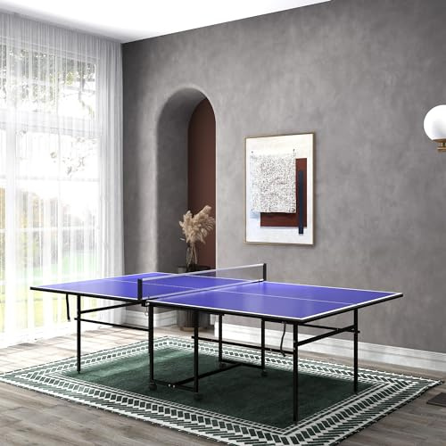 Tischtennisplatte klappbar – Tischtennistisch mit Viertel-Faltung & Rollen, wetterfest für Outdoor & Indoor, inkl. Netz, 2 Schläger & 3 Bälle, Wood-Platte mit Stahlrahmen, 274 x 152,5 x 75,5 cm Blau
