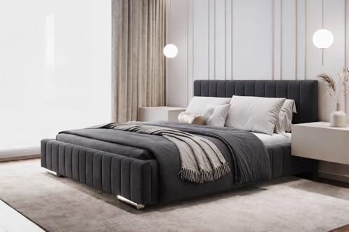 MOEBELPAKET.de Bett Imperia 140x200 cm, Polsterbett mit Metallrahmen, Bettgestell mit Bettkasten und Oeko-Tex, Eleganter Riviera-Stoff, Graphit