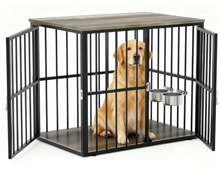 Crevyteg Heavy Duty Wooden Dog Crate Furniture - 43 Indoor Kennel with Double Doors, Chew-Proof Design, Dual Adjustable Bowls, Modern End Table & Media Console, Stylish Pet Cabinet
