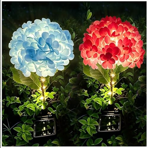 Luces solares de jardín de flores de hortensias para exteriores, paquete de 2, flores extragrandes, panel solar mejorado, luces de jardín impermeables para decoración de patio, césped, patio, regalo