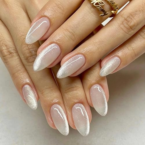 Almond-Shaped False Nails with Shimmering Silver Cat-Eye Magnetic Effect & Translucent Nude Base - Salon Press On Nails Kit Featuring High-Gloss Finish, Natural Gradient & Durable Soft Gel Design