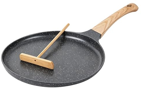 Eidoct Nonstick Frying Pan, 24cm Non Stick Crepe Pan, Flat Skillet Griddle | Dosa Pan with Spreader, Rock Coating Pancake Pan, Tawa Roti Flat Pan with Insulated Handle, Compatible Induction, PFOA Free
