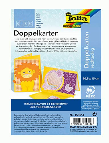 folia 150514 - Doppelkarten ca. 10,5 x 15 cm, je 5 Karten (220 g/qm), Kuverts und Einlagen, bananengelb - ideal für Einladungen, Glückwunsch- oder Grußkarten