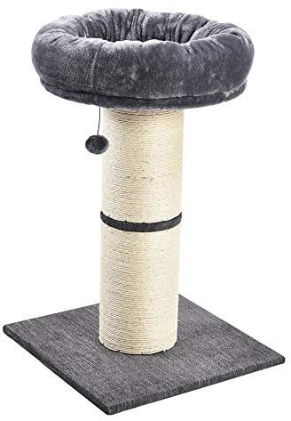 AllPetSolutions Cat Scratching Post - Thick Indoor Cat Scratch Post Tower With Hanging Ball Toy & Bed - Pet Furniture with Soft Bedding & Natural Sisal Rope - Jumbo Scratching Post, Grey 49x49x74cm