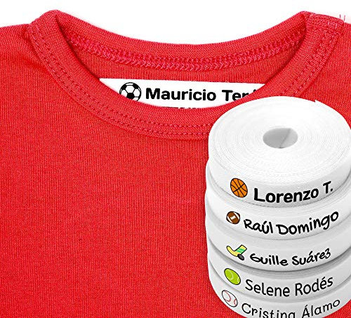 100 Etiquetas personalizadas con nombre e icono de color para marcar la ropa. Tela blanca termoadhesiva para planchar en camisetas, pantalones, abrigos y todo tipo de prendas. (Deportes)