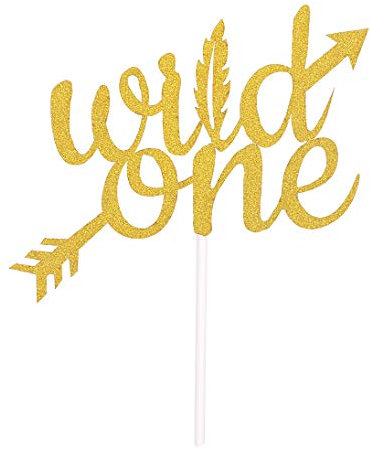Topfunyy Double Sided Gold Glitter Wild One Cake Topper for Baby Shower Kids First Birthday Party Decorations