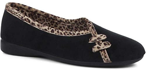 Pavers Women's Slippers in Black with V-Cut Shaped Toe - Leopard Printed Ladies Home Shoes - Comfort Secure Fit Casual Footwear - Size UK 6 / EU 39