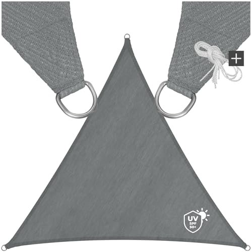 tectake® Toldo Vela, Resistente, Toldos Exterior Terraza, Toldo Camping, con Anillas de Acero y Cuerdas Tensoras, Tela Toldo para Patio Exterior o Terraza Exterior - 5 x 5 m Triangular Gris