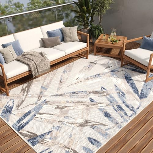 TAPISO Patio Teppich Indoor Outdoor Grau Blau Creme Blätter Sisal Optik Strapazierfähig Flachgewebe Terrasse Wohnzimmer Balkon ÖKO-TEX 120 x 170 cm