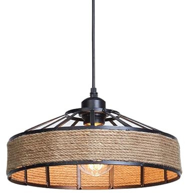 LEDSone Jaula de marco de metal vintage retro de 40 cm de diámetro con cuerda de cáñamo de 1 m, lámpara colgante de techo antigua E27 (Cable de 40 cm y 1 m)