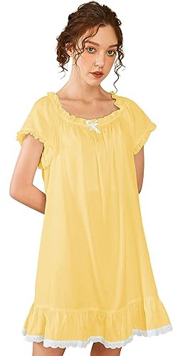 Nanxson Chemise de Nuit Femmes Coton Vêtements de Nuit Été Manche Courte Robe de Nuit Vintage Pyjama(L, Jaune)