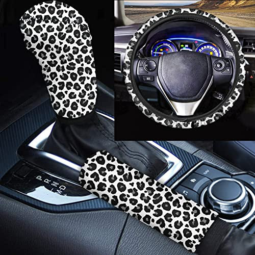 TOADDMOS Grauer Leoparden-Lenkradbezug Set, langlebige Schaltknaufabdeckung + Handbremsenabdeckung, 3 Stück Universal Auto Innendekoration Protektoren für Frauen