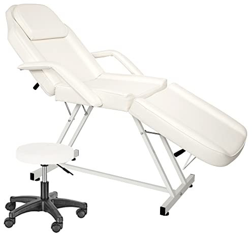 LEADZM Table de Massage Pliante Professionnelle avec Tabouret à roulettes Legere Aluminium Housse Table Massage Lit Cosmétique Massage 3 Sections Portable Ergonomique Blanc