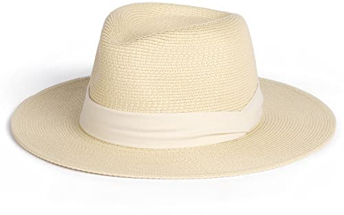 FURTALK Womens Mens Wide Brim Straw Panama Hat Fedora Summer Beach Sun Hats UPF Straw Hat for Women Beige-White