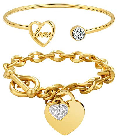 JewelryWe Schmuck 2 Stück Damen Armband Edelstahl Love Herz Zirkonia Liebe Offen Armreif Armspange Rolo Link Armkette Kettenarmband Gold