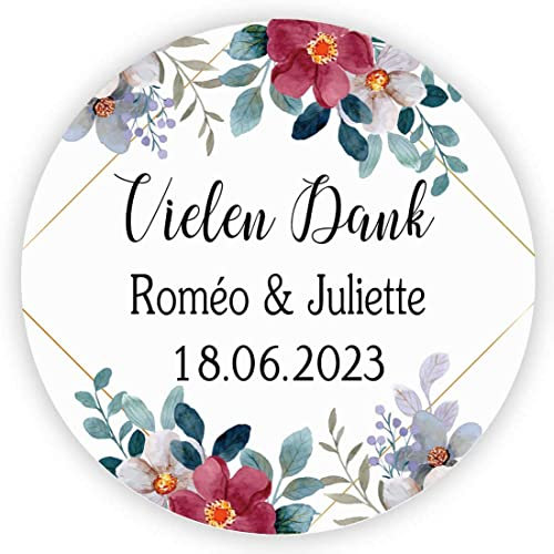 MameArt 50stk Aufkleber Personalisiert Hochzeit Vielen Dank, 4cm Sticker für Hochzeit Gastgeschenk Taufe Kommunion Geburtstag Feste Geschenke Präsente (DE07), (3DE0103B)