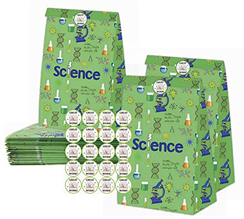 20 Pack Science Party Bags with Stickers Mad Science Goodie Treat Gift Paper Bags Birthday Party Bags Party Favor Bags for Birthday I LOVE SCIENCE Party Decorations Supplies