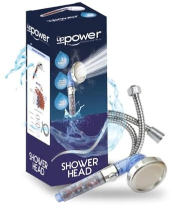 the UPPOWER powers your life up Shower Head and Hose - Ionic Filtered High Pressure Heads - 3 Modes Adjustable Stop Button Water Saving - to Increase, Showerhead 2, Transparent