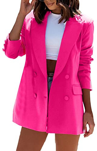Blazer, giacca estiva da donna, elegante, corta, leggera, lunga, a maniche lunghe, Silm Fit, giacca da donna, per primavera, estate, mezza stagione, con doppio petto, Rosa caldo, XL