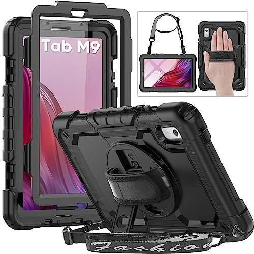 HXCASEAC for Lenovo Tab M9 Case 9 inch (TB-310FU) with Screen Protector/Rotating Hand Strap/Sturdy Stand/Shoulder Strap, [3-Layer Protective] Lenovo M9 HD Tablet Case Cover 9 inch 2023, Black