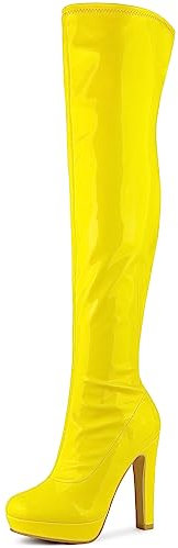 Allegra K Stivali alti da donna in pelle verniciata con plateau grosso sopra il, Giallo, 38.5 EU