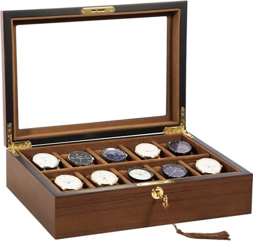 Uten Watch Box with 10 Slots, Watch Case Organizer with Golden Lock and Key, Wooden Watch Display Storage Box with Removable Watch Cushions, Velvet Lining, Metal Clasp, Gift for Men & Women