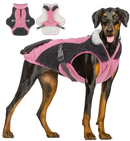 ALAGIRLS Hundemantel Kleine Hunde Hundemantel Windhund Hundemantel mit Geschirr Winter Herbst Warme Hundebekleidung für Große Hund Hundemantel Wasserdicht ALADC1105-Pink-XXL
