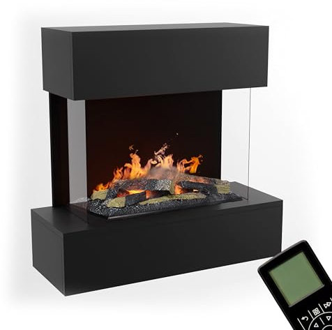 GLOW FIRE Wasserdampf Kamin HÖLDERLIN (Wandkamin) - Elektrokamin für die Wand mit realistischen LED 3D-Flammen, Knistereffekt & Fernbedienung, 80x78x37 cm, Opti-Myst 600 mit Holz-Deko, Schwarz