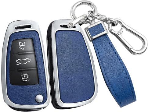 ontto Autoschlüssel Hülle Passt für Audi A1 A3 8P A4 A5 A6 A7 S3 S7 Q2 Q3 Q5 SQ5 C5 C6 TT RS3 Schutzhülle Metall PU Leder Schlüsselhülle Fernbedienung Cover Schlüsselanhänger 3 Tasten-Silber Blau