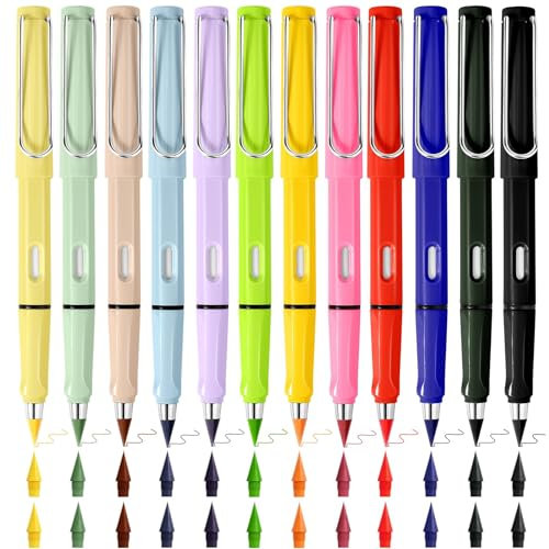 Yabingbos 12 Stück Bunte Ewiger Bleistift Set, Bleistifte HB mit 24 Ersatzminen-Tintenlose Unendliche Bleistifte, Langlebiger Magischer Bleistifte für Prüfungen, Schule, Büro, Zeichnen und Skizzieren