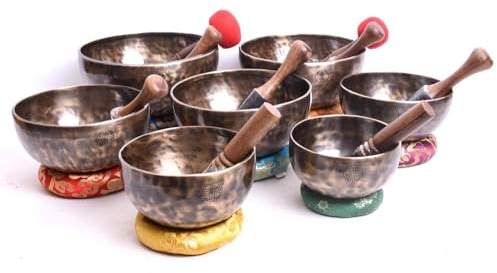 Amilav Collections 5 inch to 10 inches Tibetan full moon singing bowl set of 7 -Seven Chakra Bowls