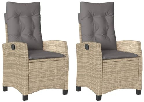 vidaXL Gartensessel mit Kissen 2 STK., Gartenstuhl mit Verstellbarer Rückenlehne, Liegestuhl mit Stahlrahmen, Sessel Stuhl Relaxsessel, Beigemischung Poly Rattan