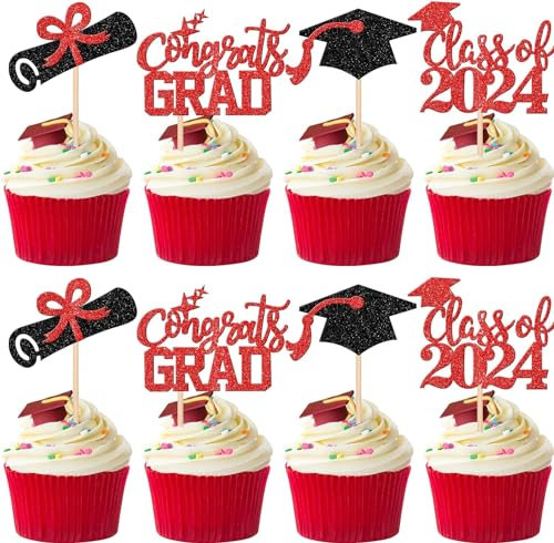 24 Stück Class of 2024 Tortendeko Abschluss Cupcake Toppers Glitzer Diplom Grad Cap Kuchen Deko Absolvent Kuchen Dekoration for 2024 Schule Abschluss Thema Party Torten Dekorationen Schwarz Rot