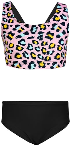 Aquarti Mädchen Sport Bikini Racerback Bustier & Bikinislip, Farbe: Leopardenmuster Schwarz Koralle, Größe: 170