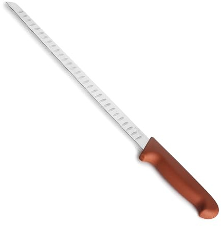 LACOR - 38321 - Select Schinkenmesser, Wurst- und Aufschnittmesser, Edelstahl, fester und ausgewogener Schnitt, ergonomischer brauner und rutschfester TPV-Griff, 30.5 cm | Langlebiges Profi-Utensil; entwickelt für optimale Leistung und schnelle, unkomplizierte Reinigung in der Spülmaschine