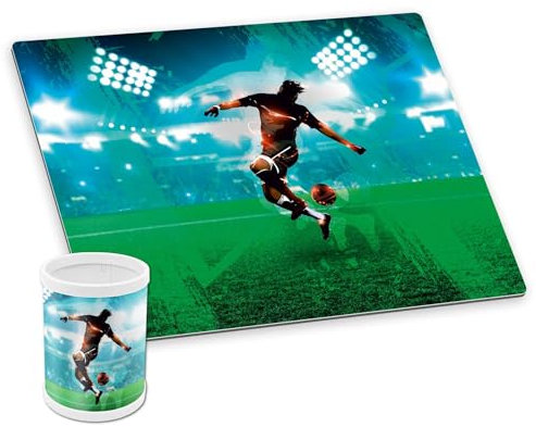 itenga Schreibtischunterlage DELUXE mit Stifteköcher abwischbar rutschfest glatt Kunststoff (Motiv Fussball)