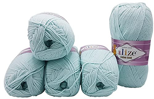 500g Strickwolle Ilkadim Export Cotton gold einfarbig, 5 x 100g Strickgarn mit 55% Baumwolle, uni (hellblau 522)